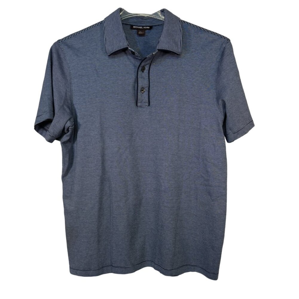 Michael Kors Mens Size Large Striped Polo Shirt  Blue Cotton Short Sleeve